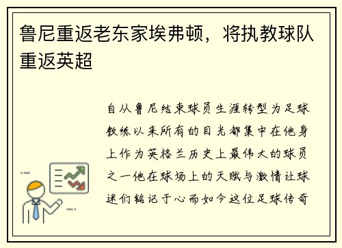 鲁尼重返老东家埃弗顿，将执教球队重返英超